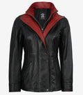 Livra Jackets – Women’s Black Leather Jacket High Collar with Red Accents – Genuine Leather Jacket | Livra Jackets