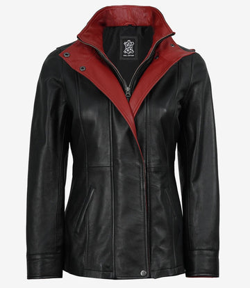 Livra Jackets – Women’s Black Leather Jacket High Collar with Red Accents – Genuine Leather Jacket | Livra Jackets