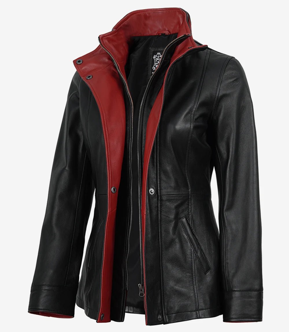 Livra Jackets – Women’s Black Leather Jacket High Collar with Red Accents – Genuine Leather Jacket | Livra Jackets