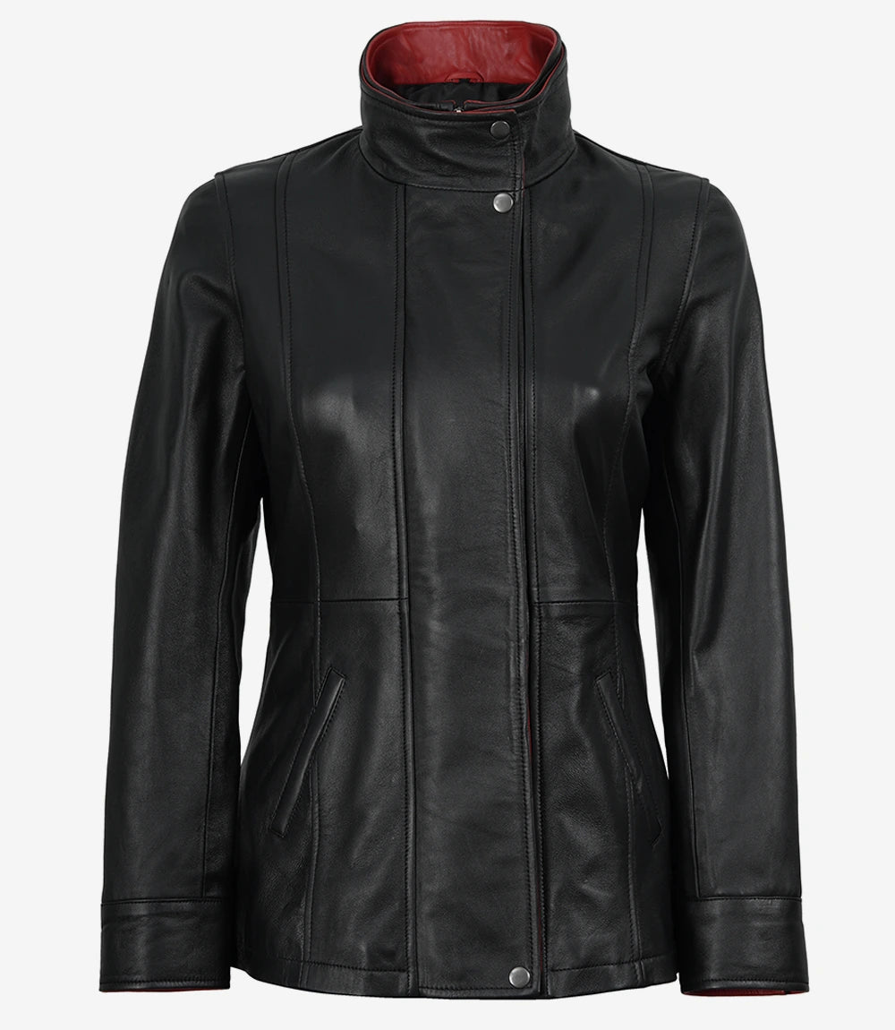Livra Jackets – Women’s Black Leather Jacket High Collar with Red Accents – Genuine Leather Jacket | Livra Jackets