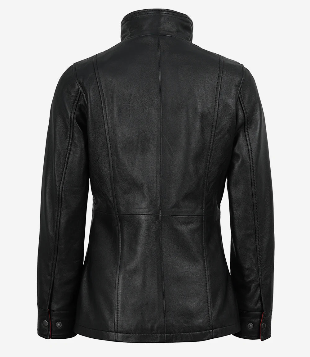 Livra Jackets – Women’s Black Leather Jacket High Collar with Red Accents – Genuine Leather Jacket | Livra Jackets