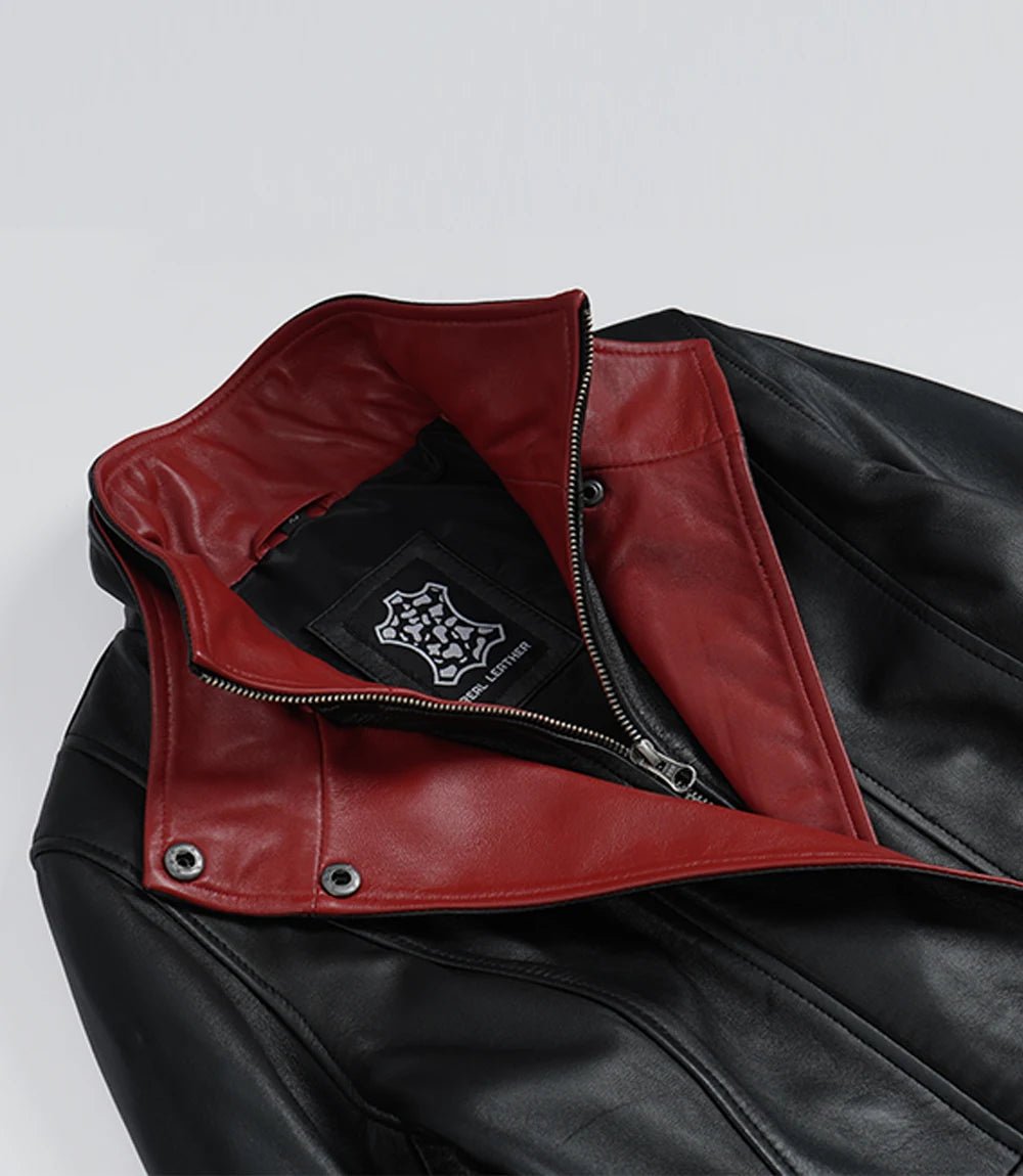 Livra Jackets – Women’s Black Leather Jacket High Collar with Red Accents – Genuine Leather Jacket | Livra Jackets