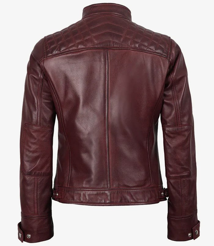 Women’s Maroon Leather Biker Jacket Front View