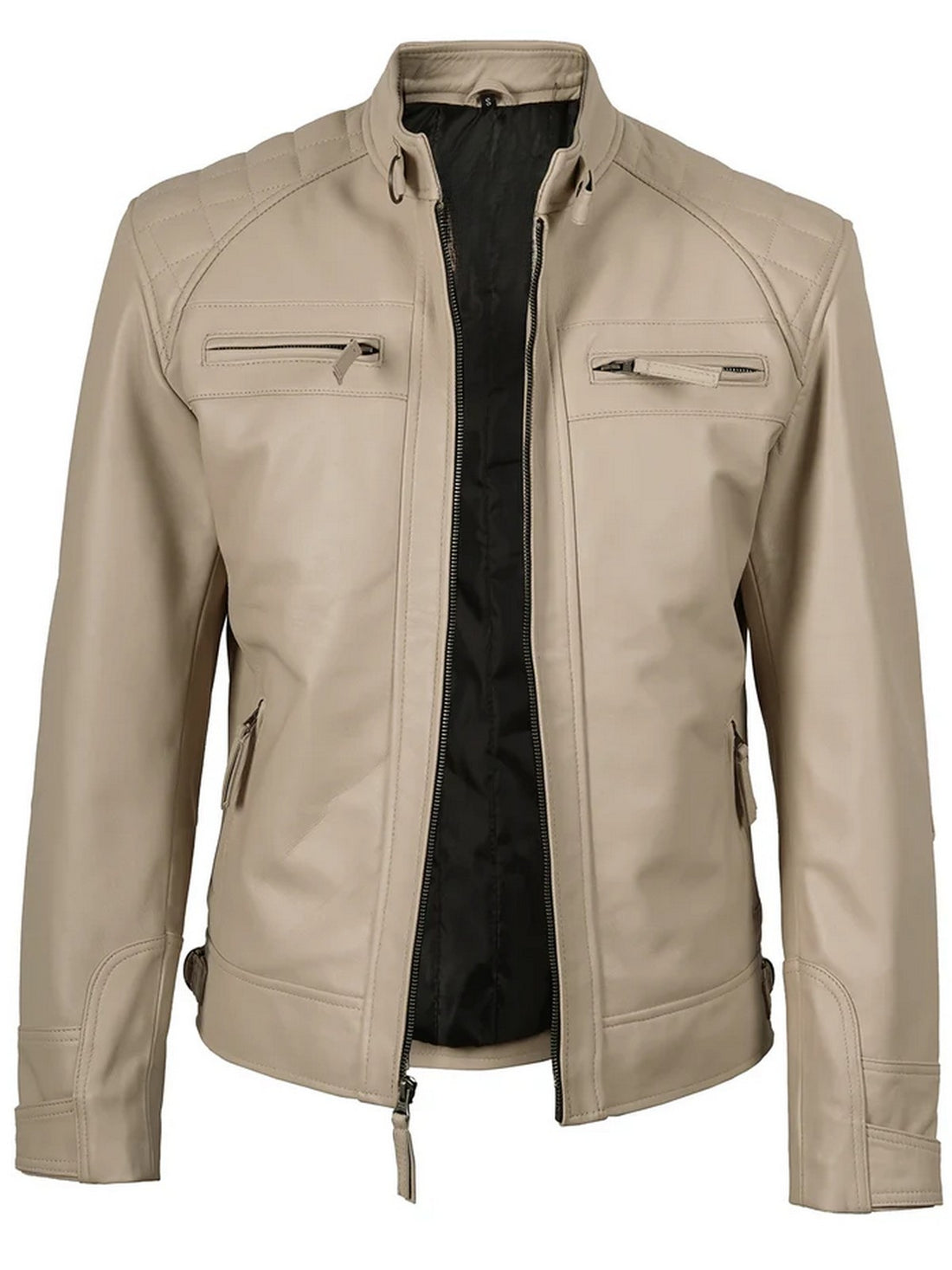 Front view of men’s beige café racer leather jacket slim fit