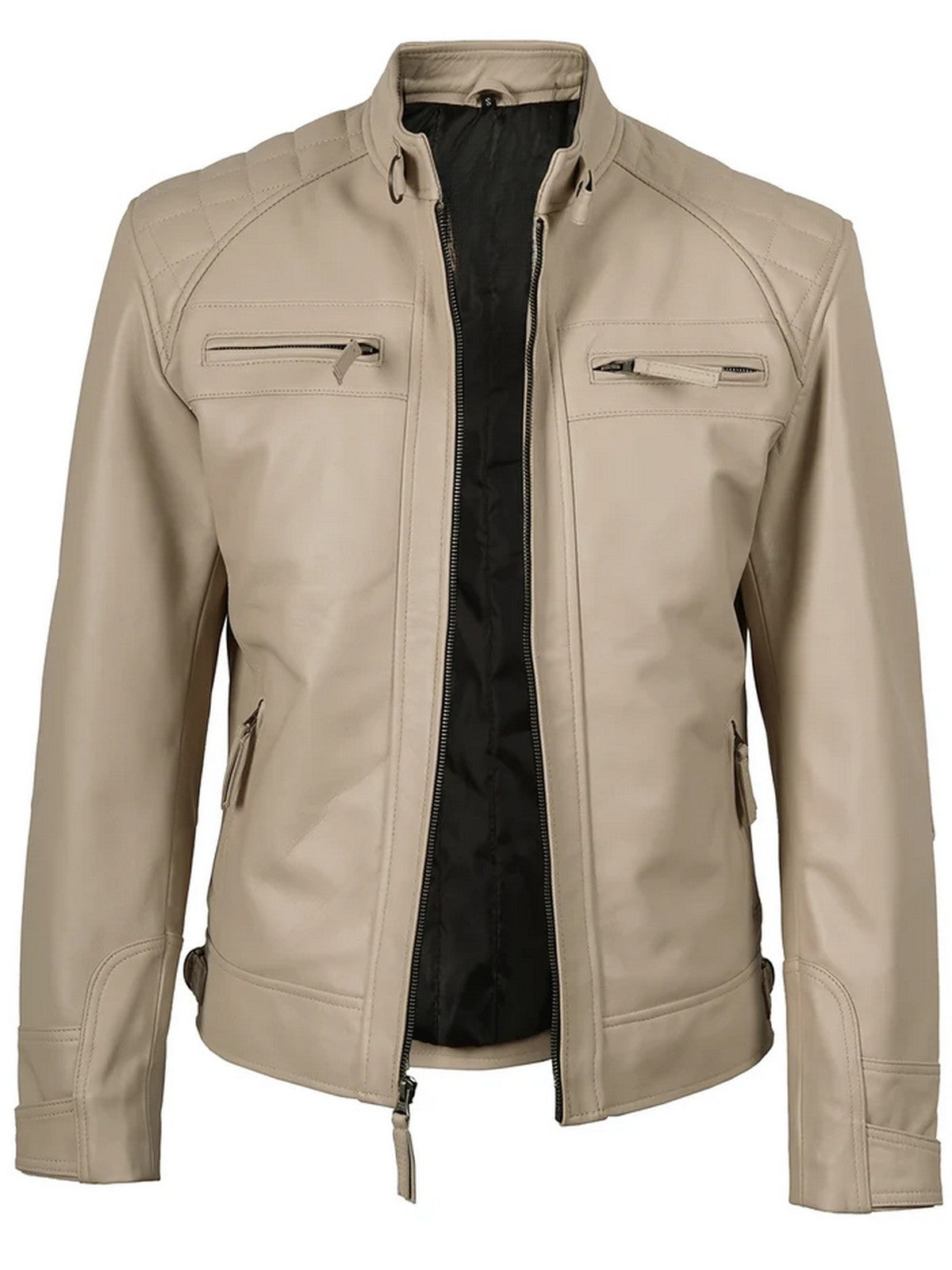 Front view of men’s beige café racer leather jacket slim fit