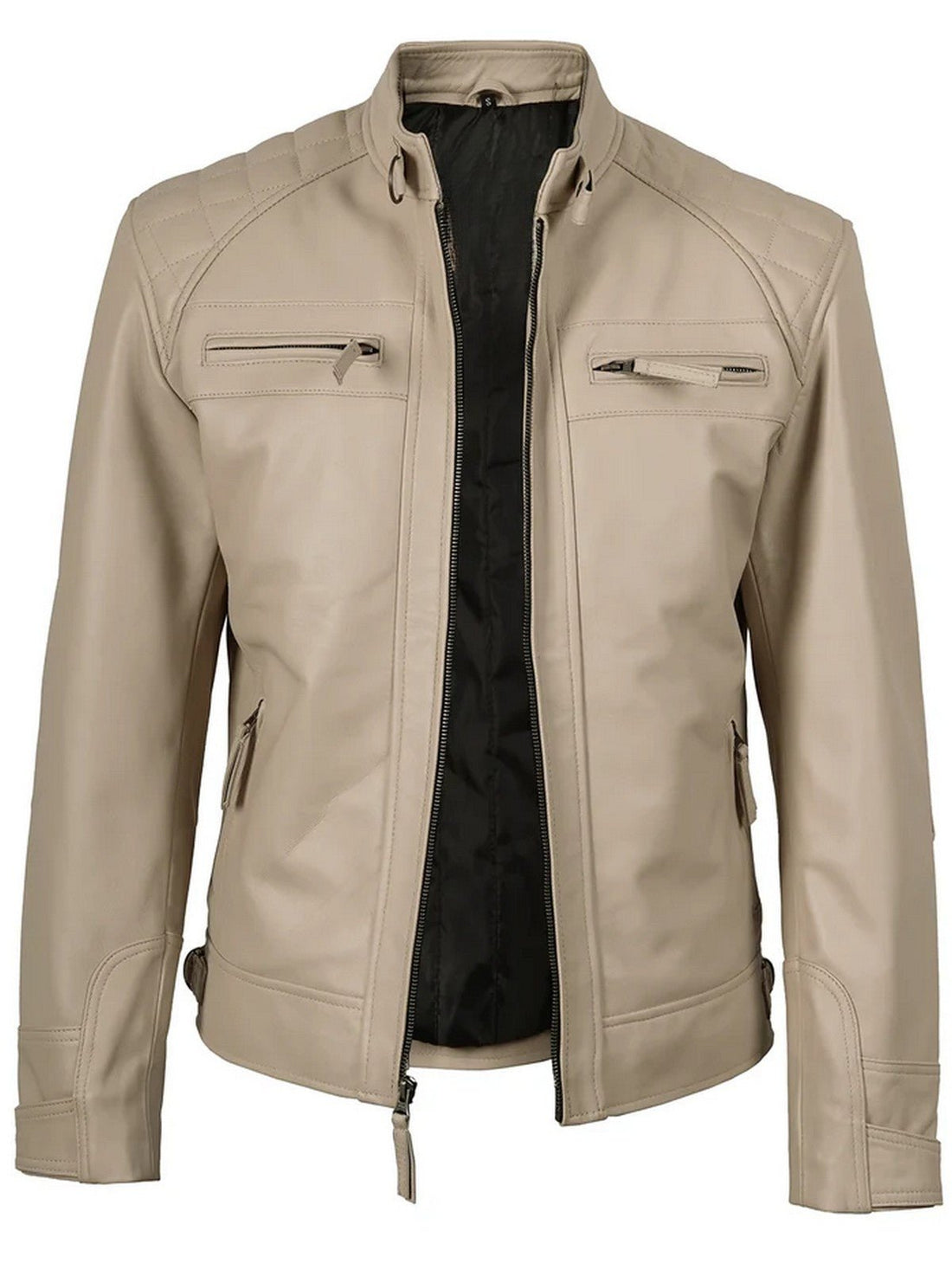 Men’s Beige Cafe Racer Leather Jacket – Slim Fit Motorcycle Style | Livra Jackets – Genuine Leather Jacket | Livra Jackets
