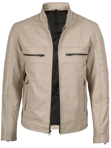 Men’s Beige Café Racer Leather Jacket – Slim Fit Quilted Design – Genuine Leather Jacket | Livra Jackets