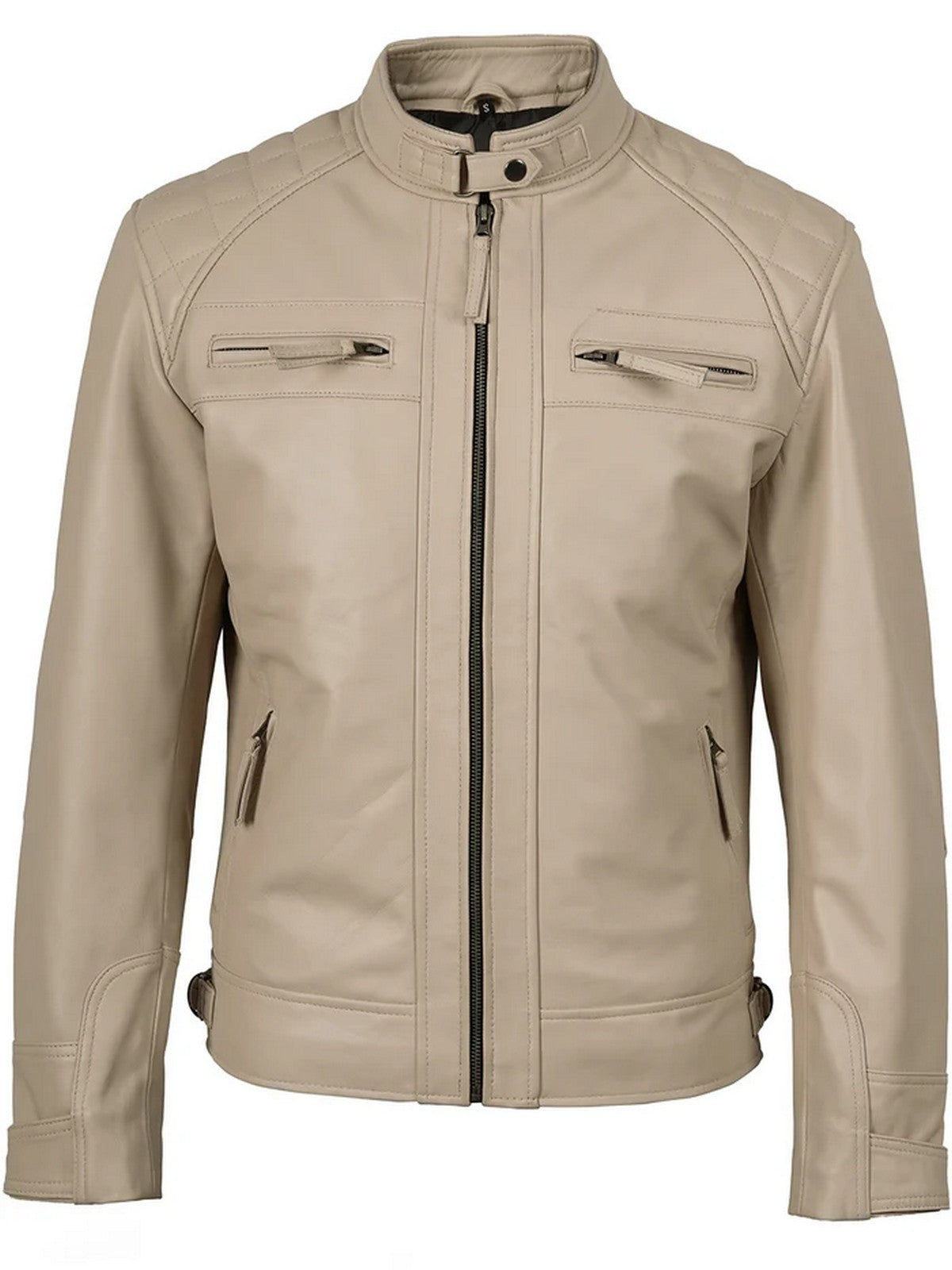 Slim fit beige café racer leather jacket with zippered chest pockets