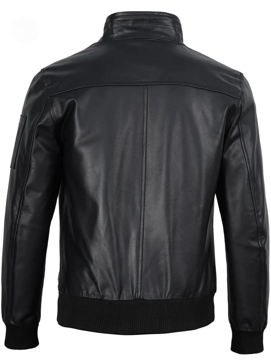 Front view of men’s black bomber leather jacket with slim fit design
