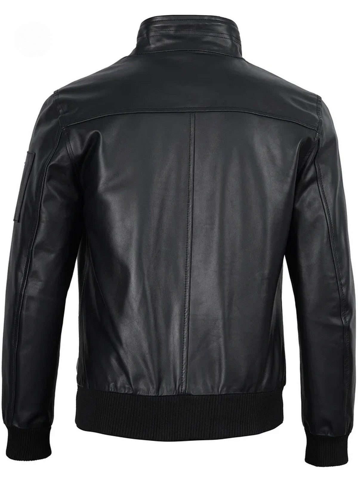 Back view of men’s black bomber leather jacket, genuine leather