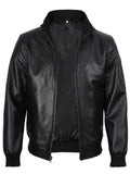 Front view of men’s black bomber leather jacket with ribbed cuffs and zip closure, classic slim fit design.