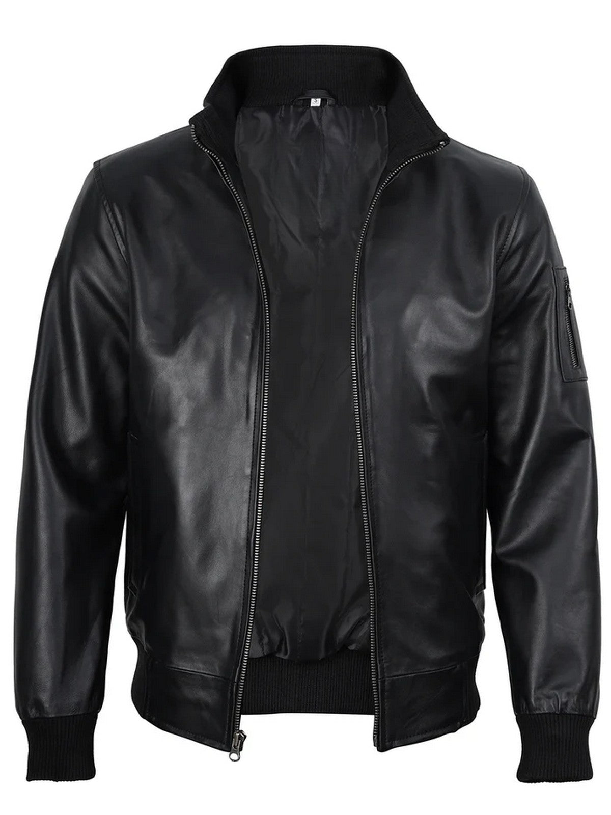 Front view of men’s black bomber leather jacket with ribbed cuffs and zip closure, classic slim fit design.
