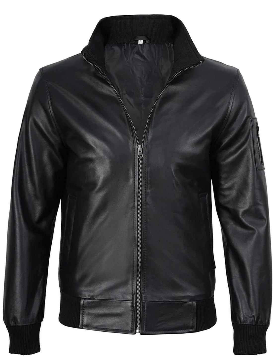Front view of men’s black bomber leather jacket with slim fit design
