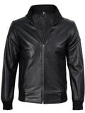 Front view of men’s black bomber leather jacket with slim fit design
