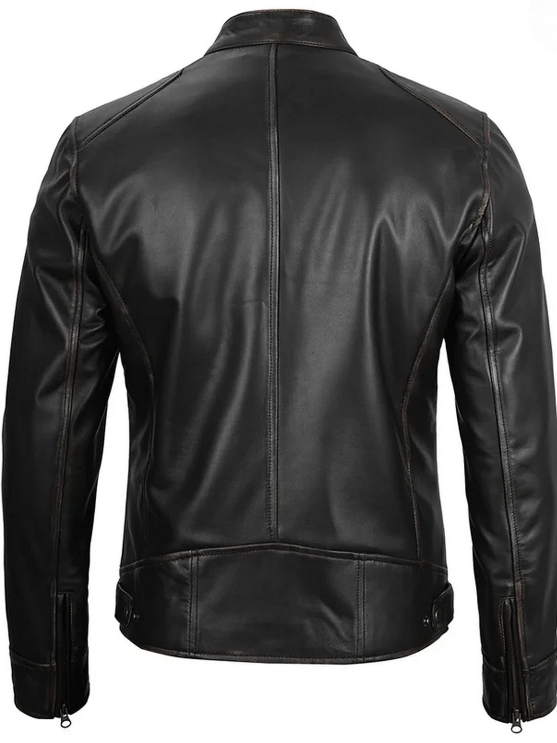 Men’s black café racer leather jacket front view, premium lambskin material, Livra Jackets.