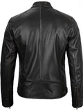 Back design of men’s black café racer leather jacket, minimalist and durable style.