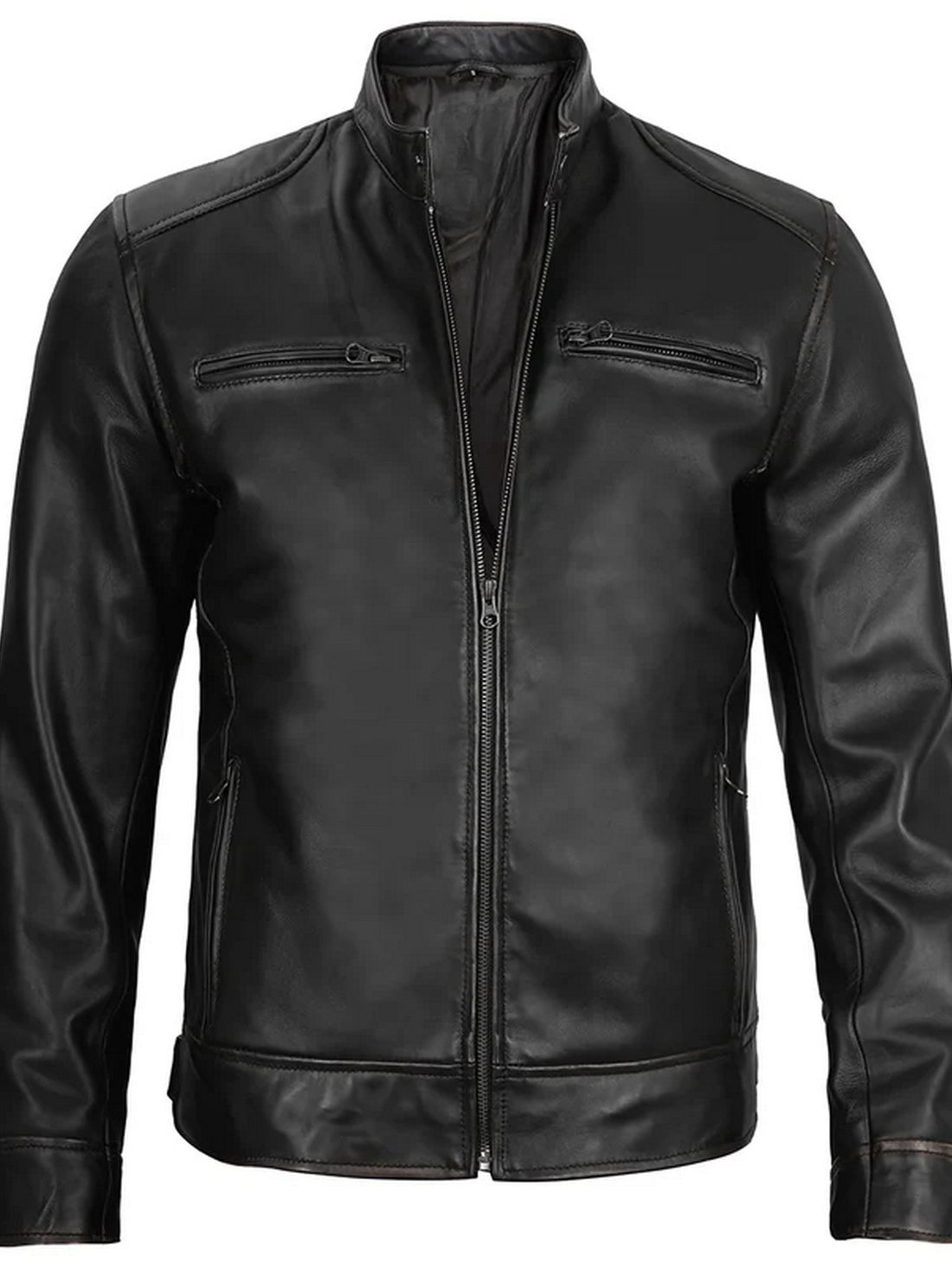 Men’s black café racer leather jacket front view, premium lambskin material, Livra Jackets.