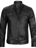 Men’s black café racer leather jacket front view, premium lambskin material, Livra Jackets.