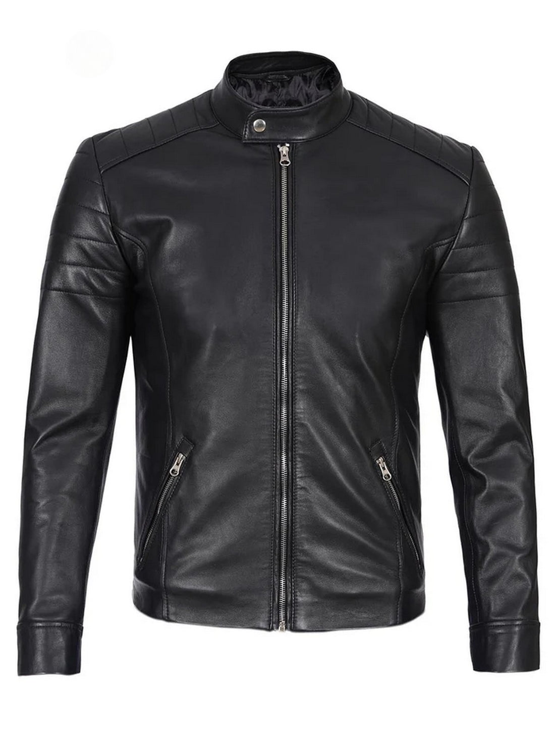 Front view of men’s black café racer leather jacket slim fit motorcycle style.”