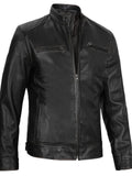 Side angle of men’s black café racer leather jacket with zipper and slim fit design.