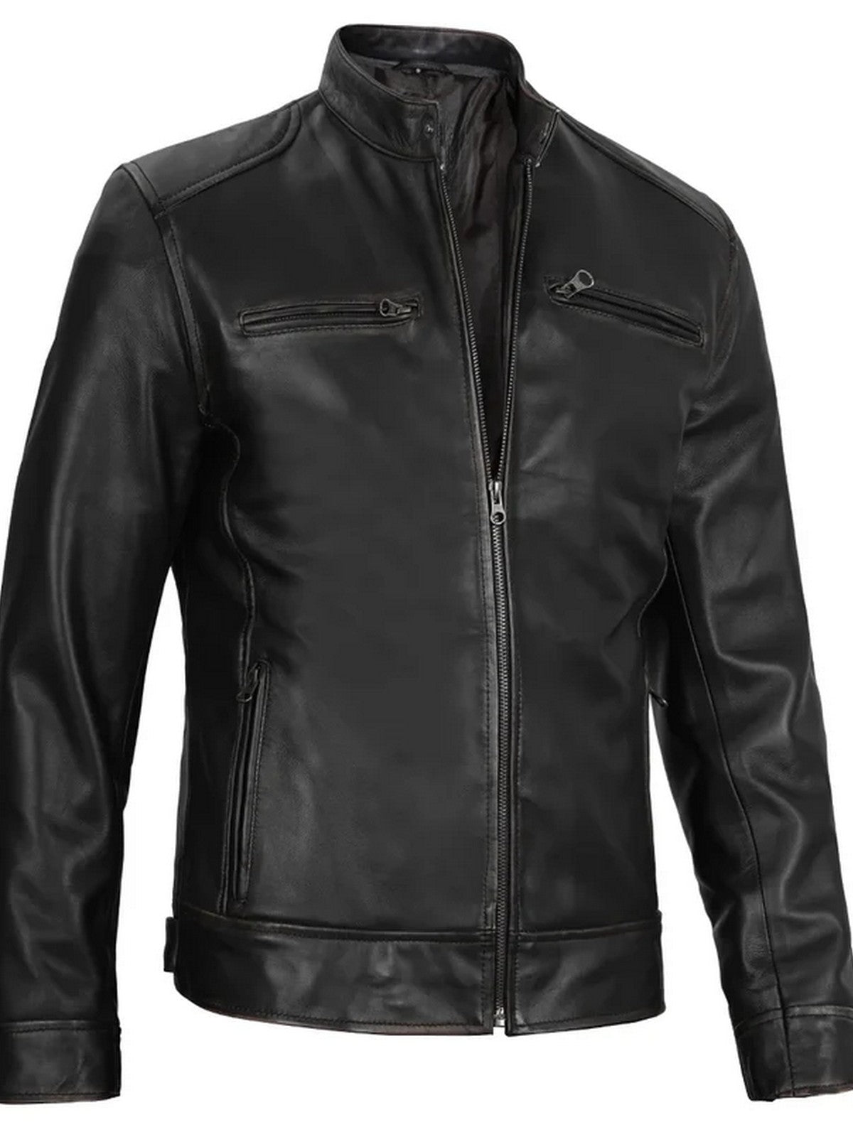 Side angle of men’s black café racer leather jacket with zipper and slim fit design.