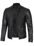 Side angle of men’s black café racer leather jacket with zipper detail.