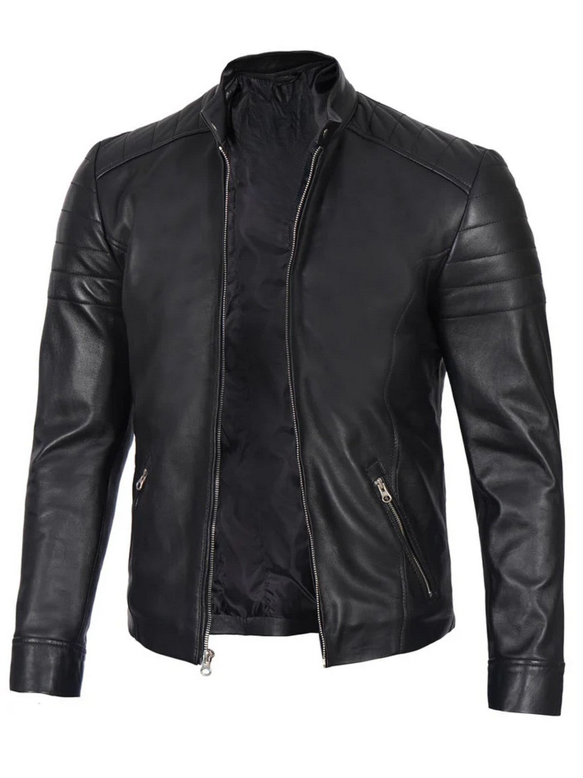 Side angle of men’s black café racer leather jacket with zipper detail.