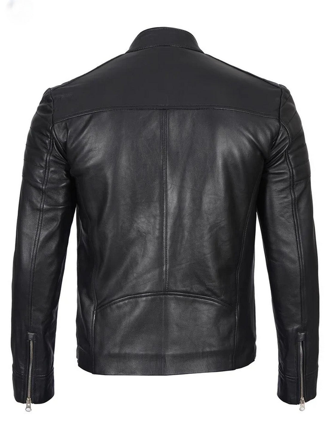 Front view of men’s black café racer leather jacket slim fit motorcycle style.”