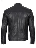 Back view of men’s slim fit black leather jacket with café racer style.