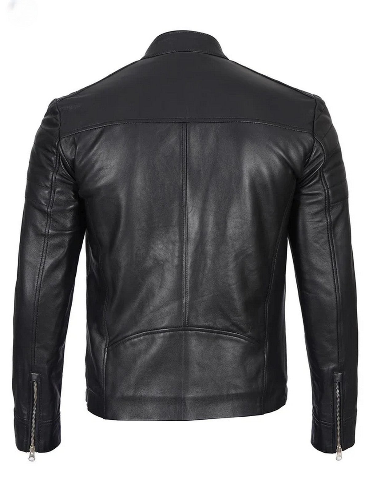 Back view of men’s slim fit black leather jacket with café racer style.