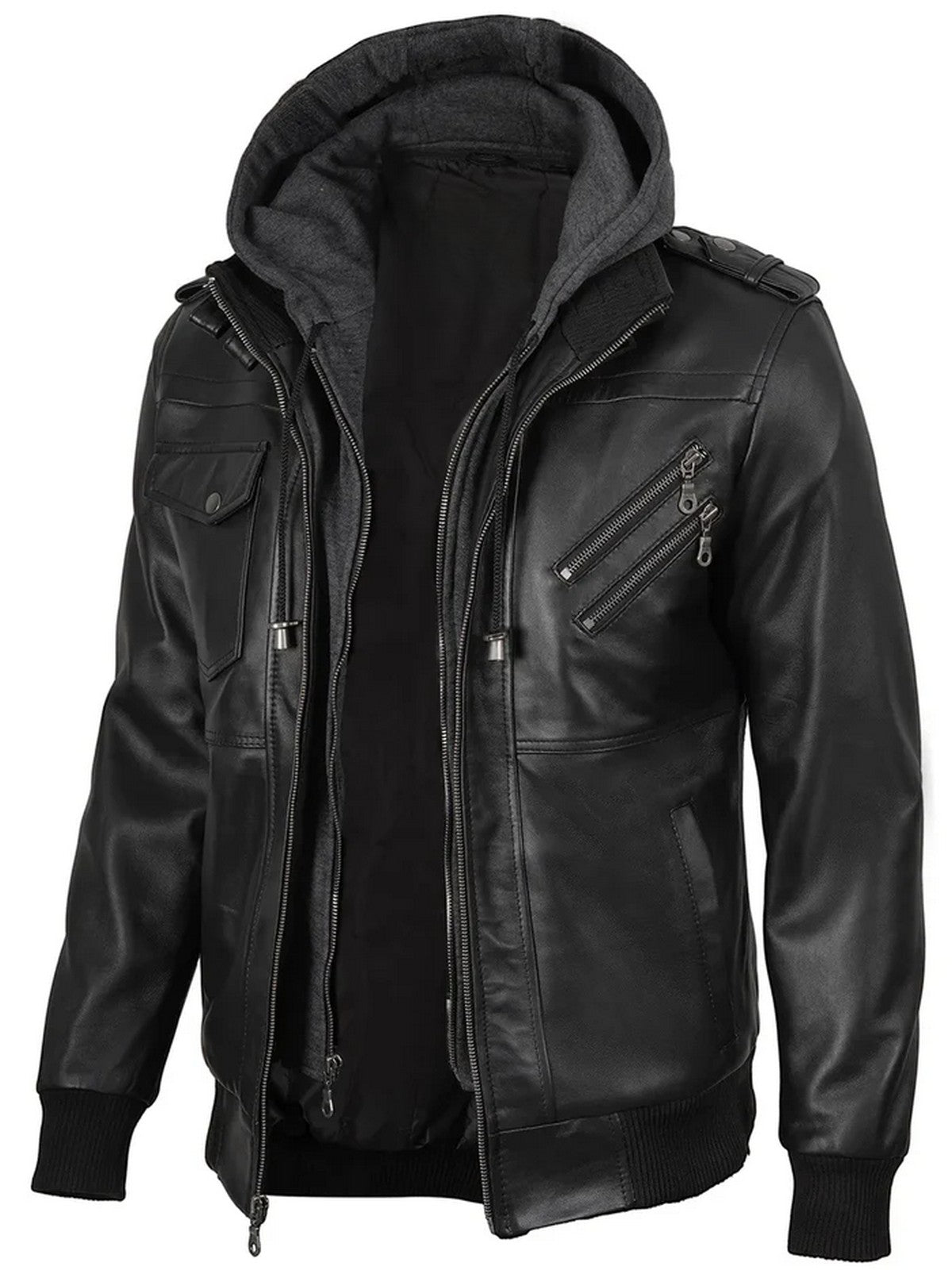 Men’s black hooded leather jacket front view – Livra Jackets