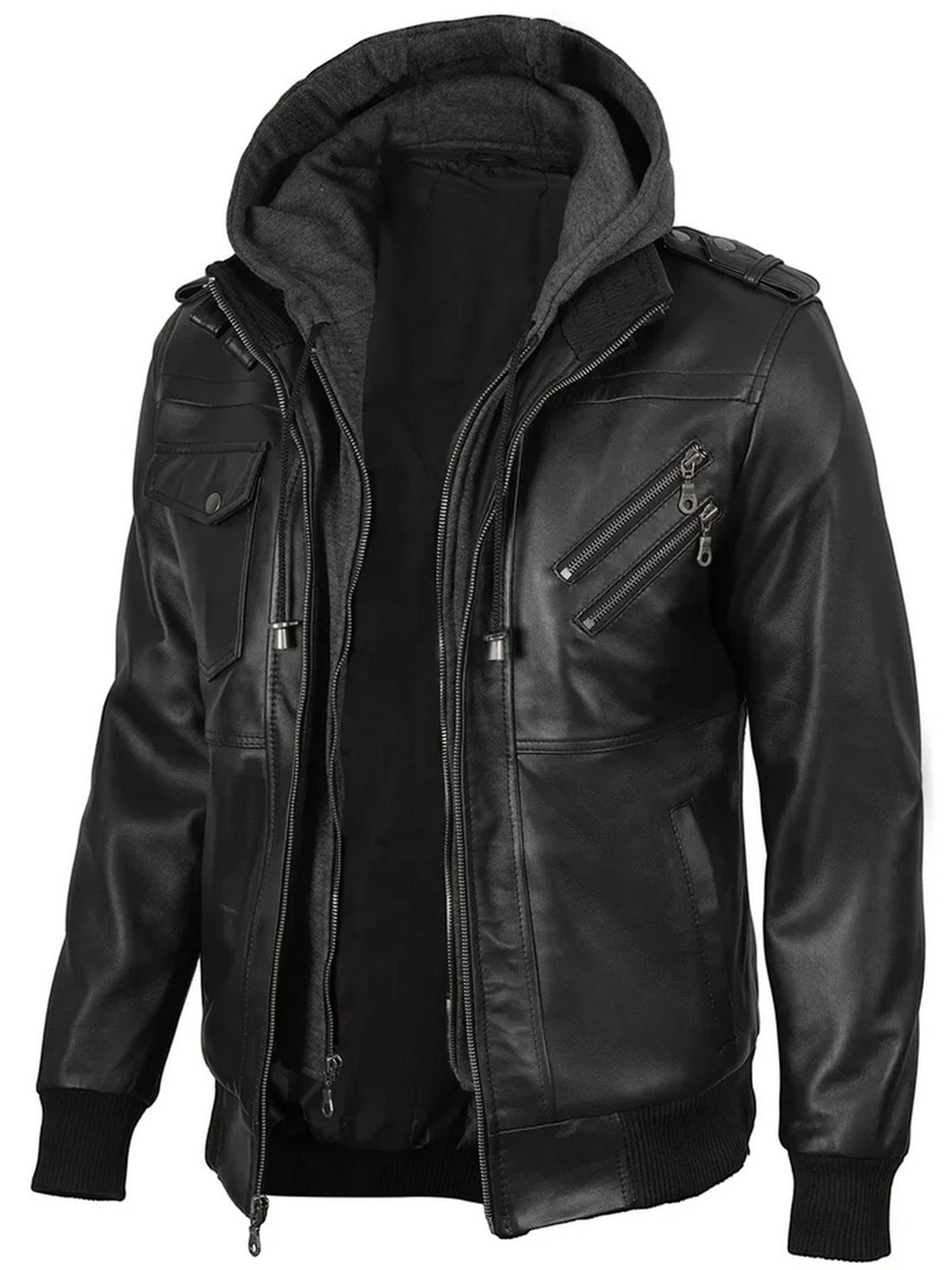 Men’s black hooded leather jacket front view – Livra Jackets