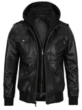 Men’s black hooded leather jacket front view – Livra Jackets