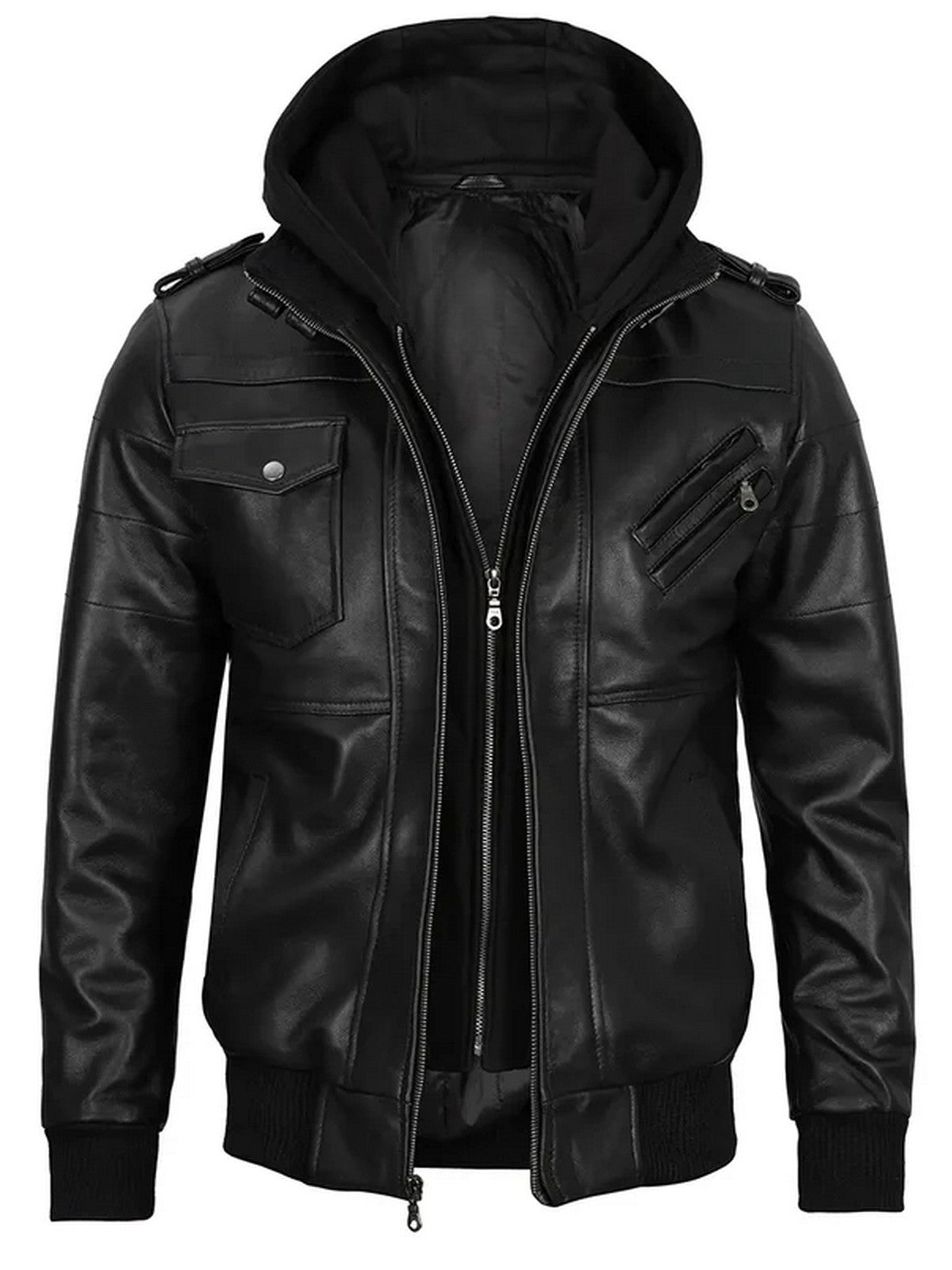 Men’s black hooded leather jacket front view – Livra Jackets
