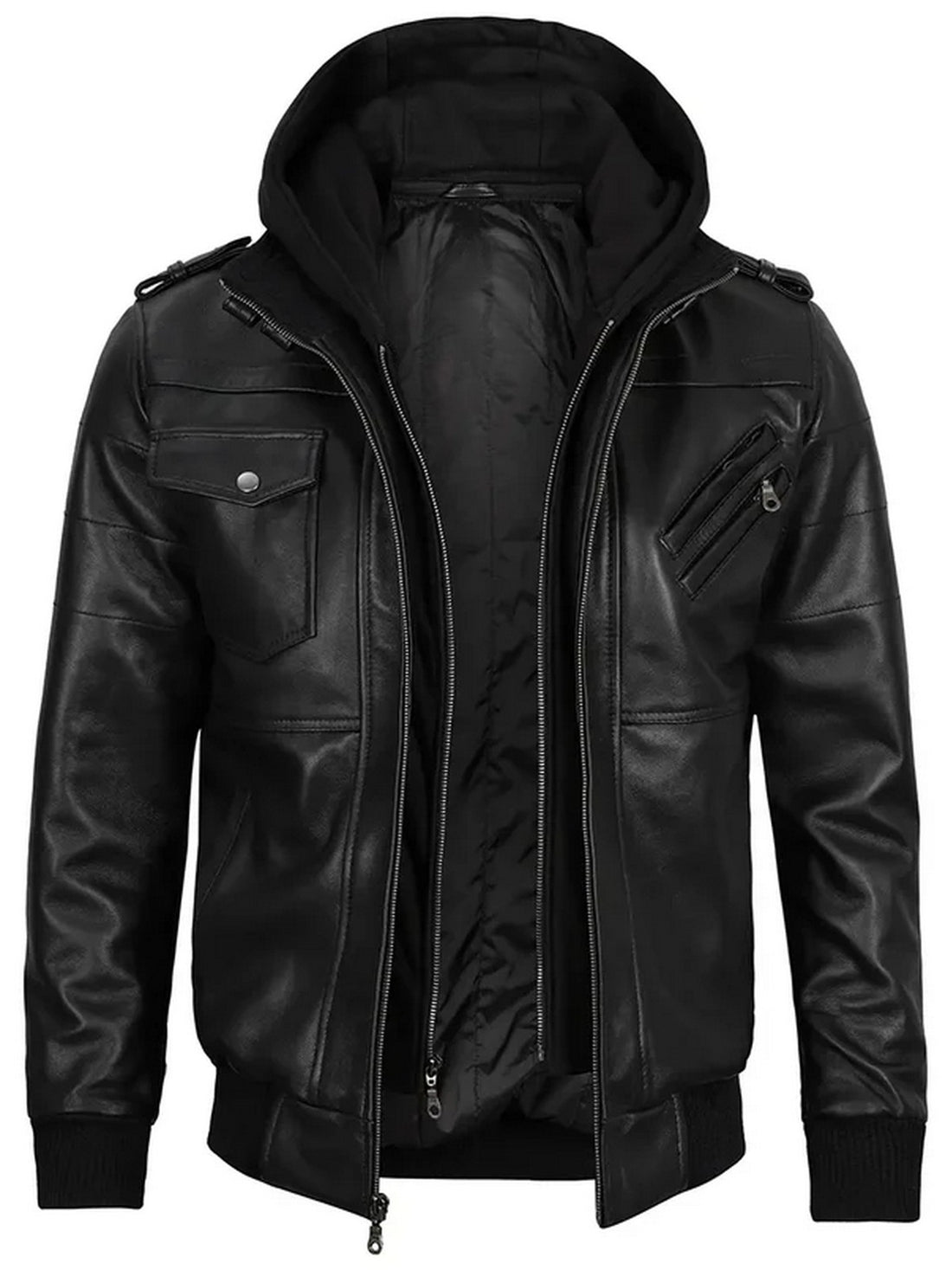 Men’s black hooded leather jacket front view – Livra Jackets