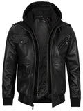 Men’s black hooded leather jacket front view – Livra Jackets
