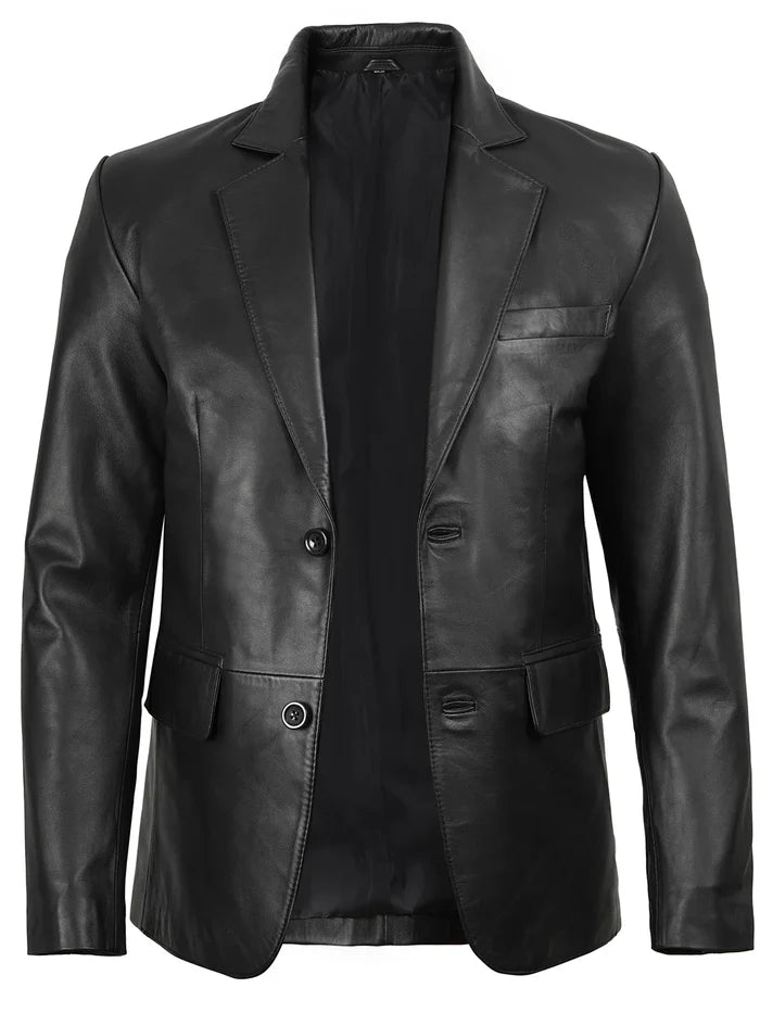 Men’s Black Leather Blazer – Front View