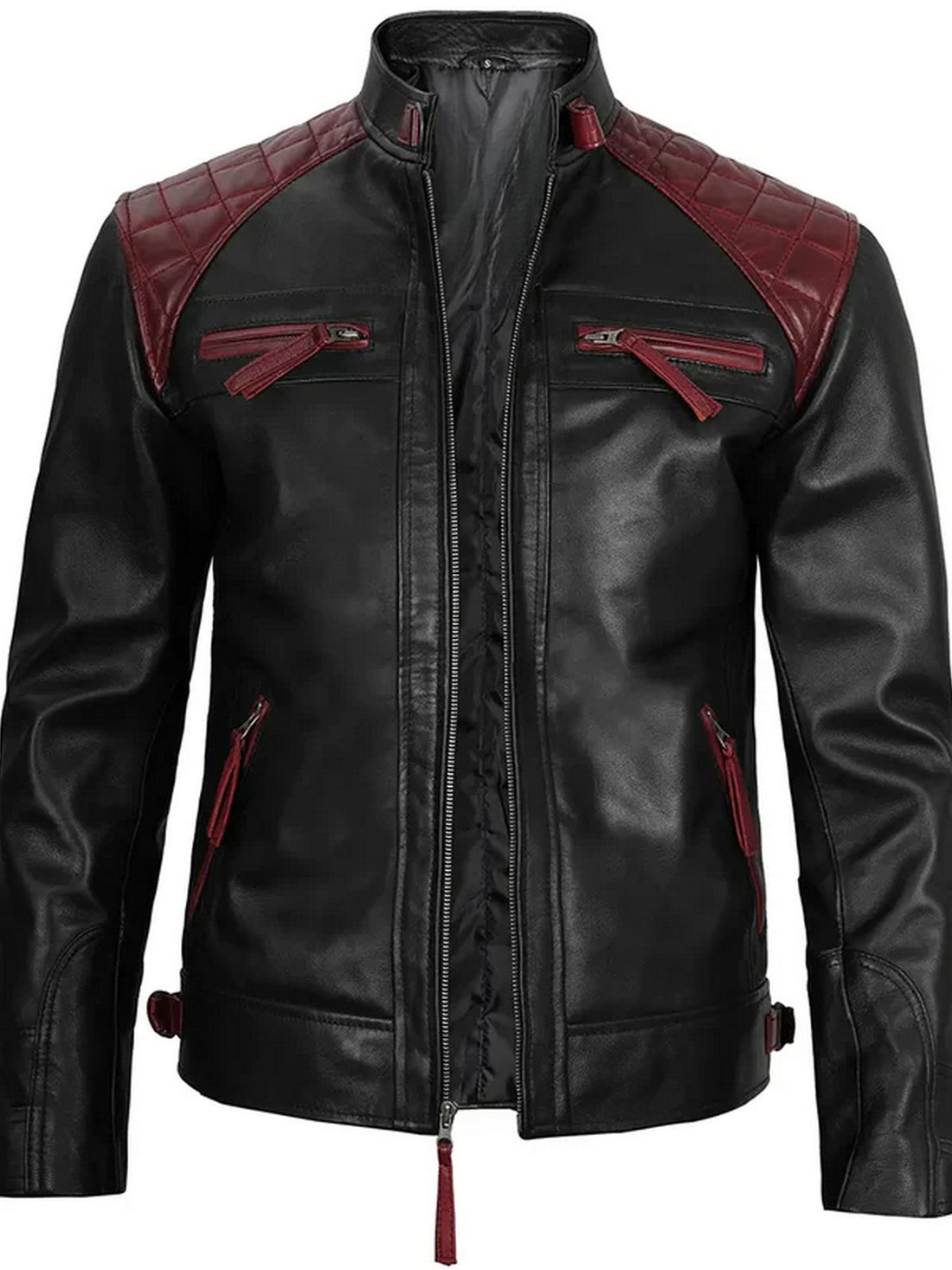 Men’s Black & Red Leather Jacket Front View