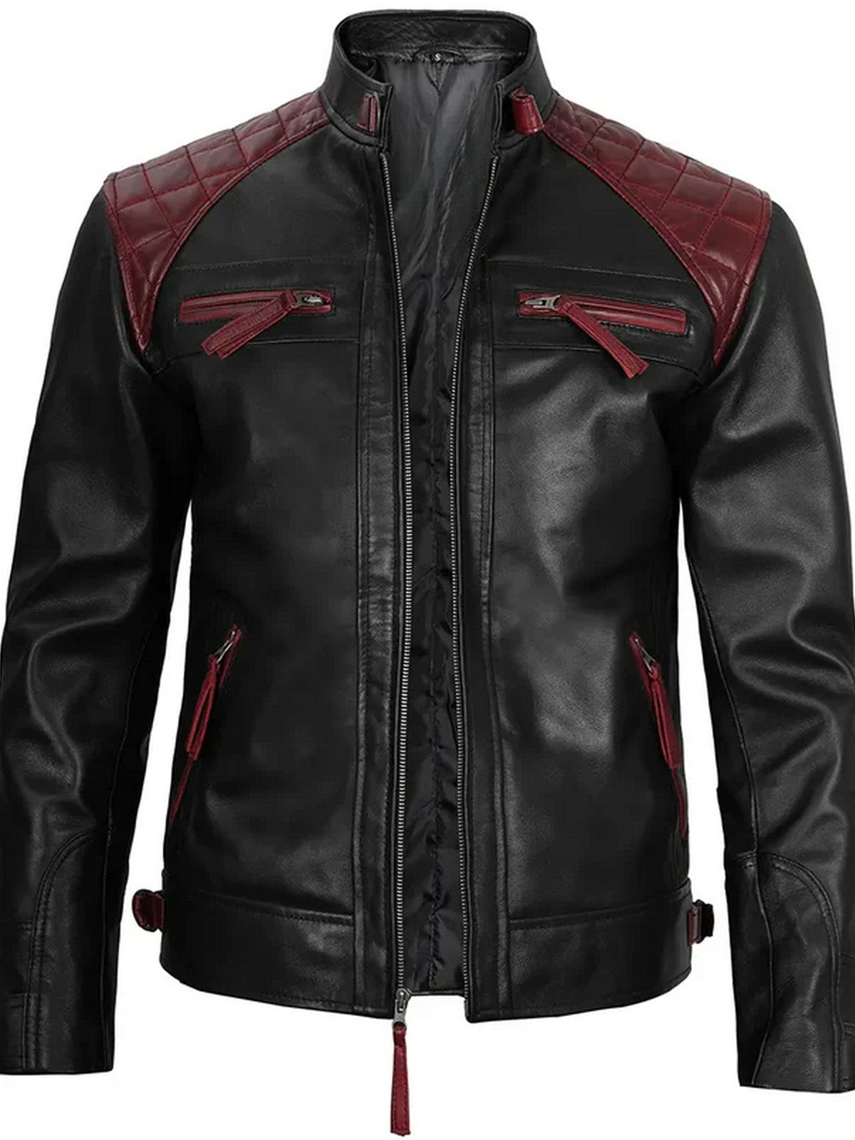 Men’s Black & Red Leather Jacket Front View