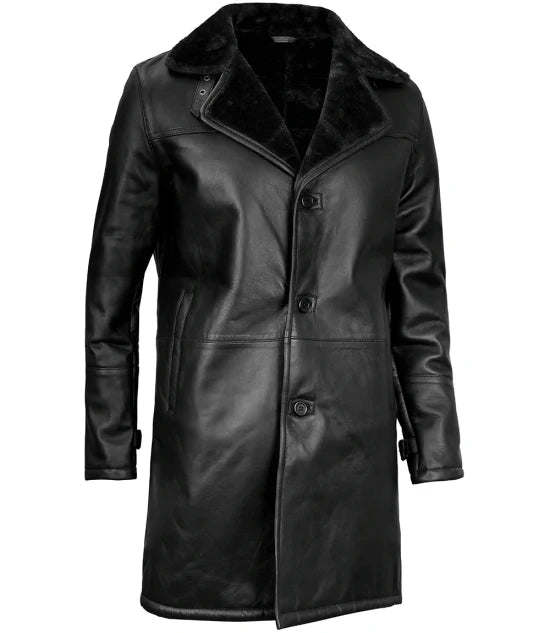 Men’s Black Shearling Long Jacket – Side Angle
