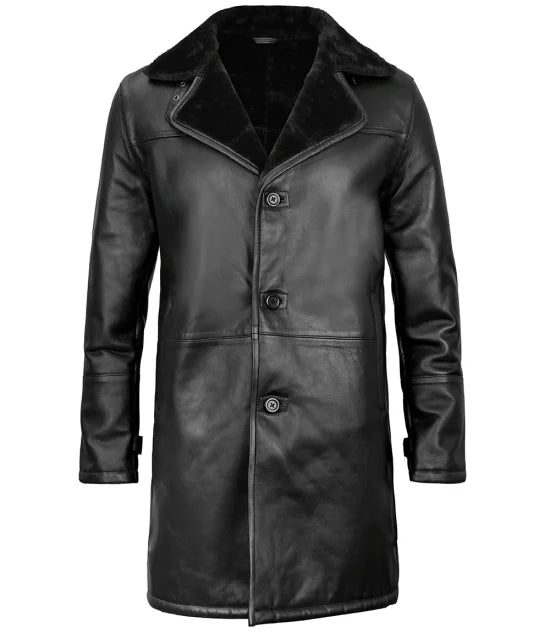 Men’s Black Shearling Leather Coat – Front View