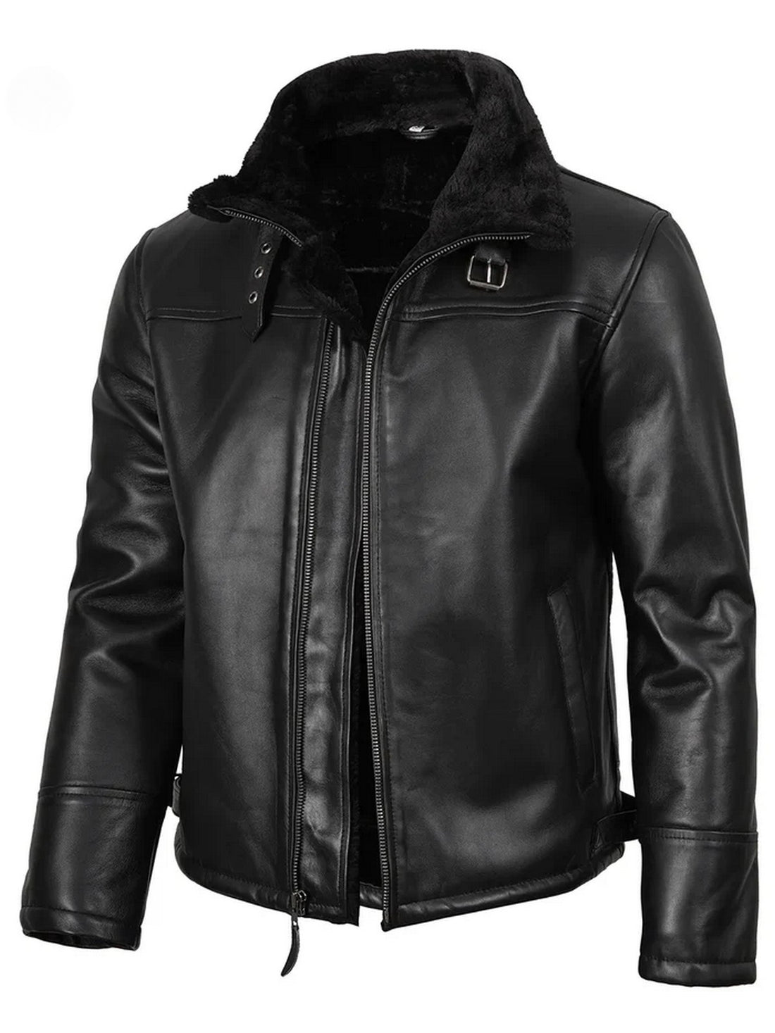 Men’s Black Shearling Leather Jacket Front View