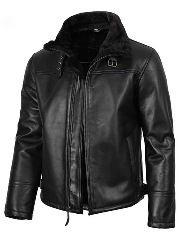 Men’s Black Shearling Leather Jacket Front View