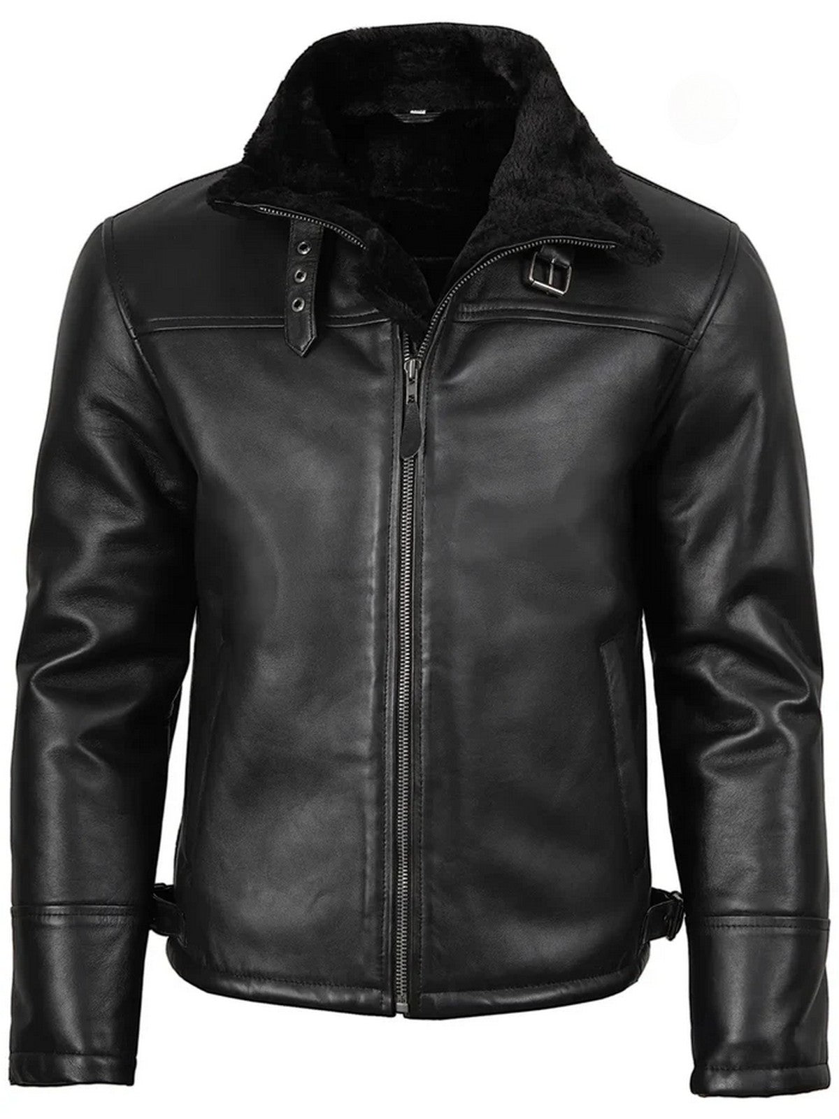 Black Shearling Leather Jacket Side Angle