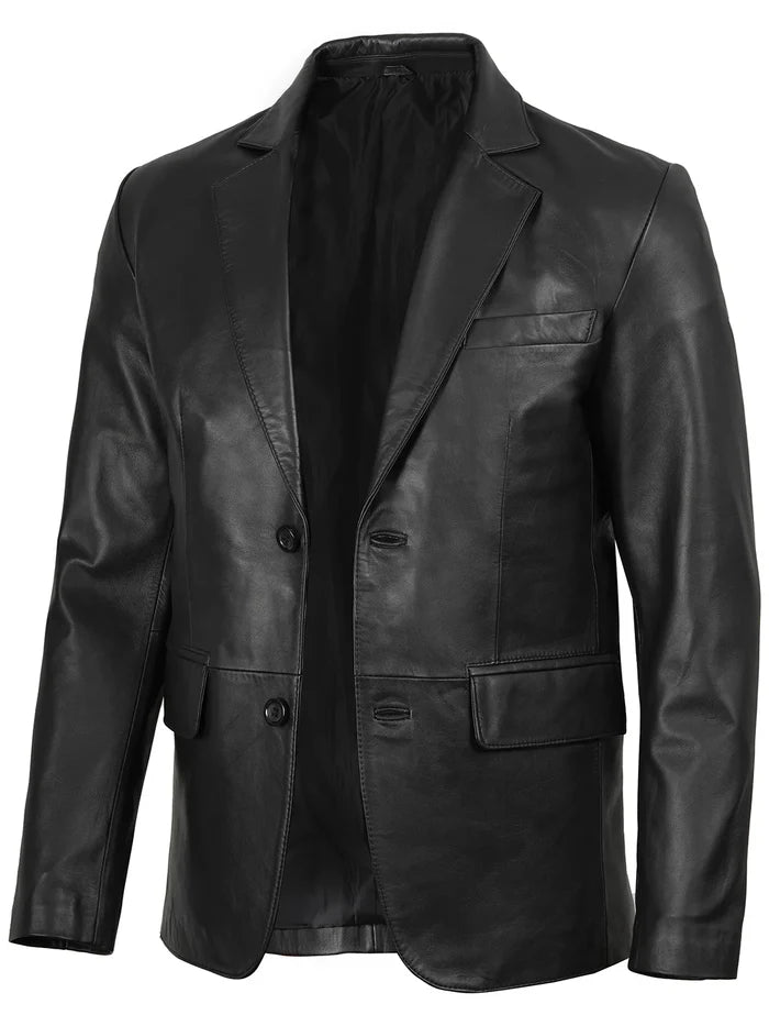 Slim Fit Black Leather Blazer for Men – Side Angle
