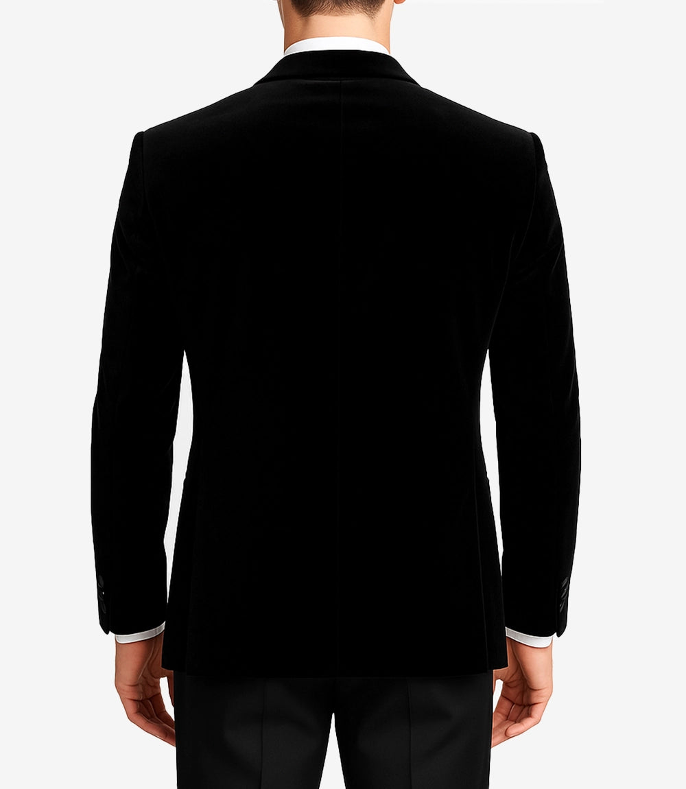 Front view of men’s black velvet tuxedo jacket with satin peak lapel and single-button closure