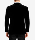 Back view of men’s black velvet tuxedo jacket in tailored modern fit