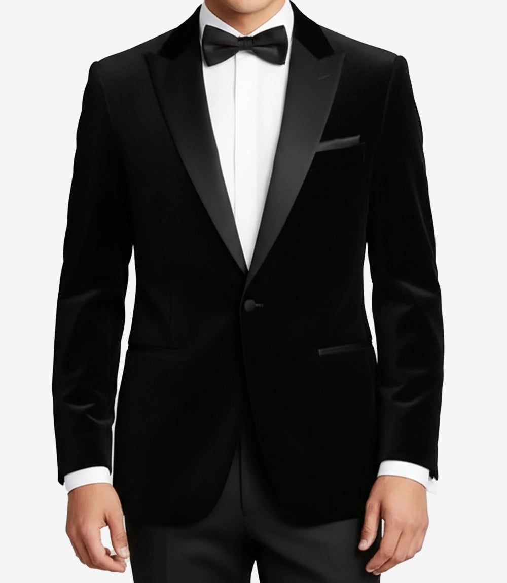 Front view of men’s black velvet tuxedo jacket with satin peak lapel and single-button closure