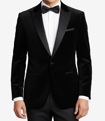 Front view of men’s black velvet tuxedo jacket with satin peak lapel and single-button closure