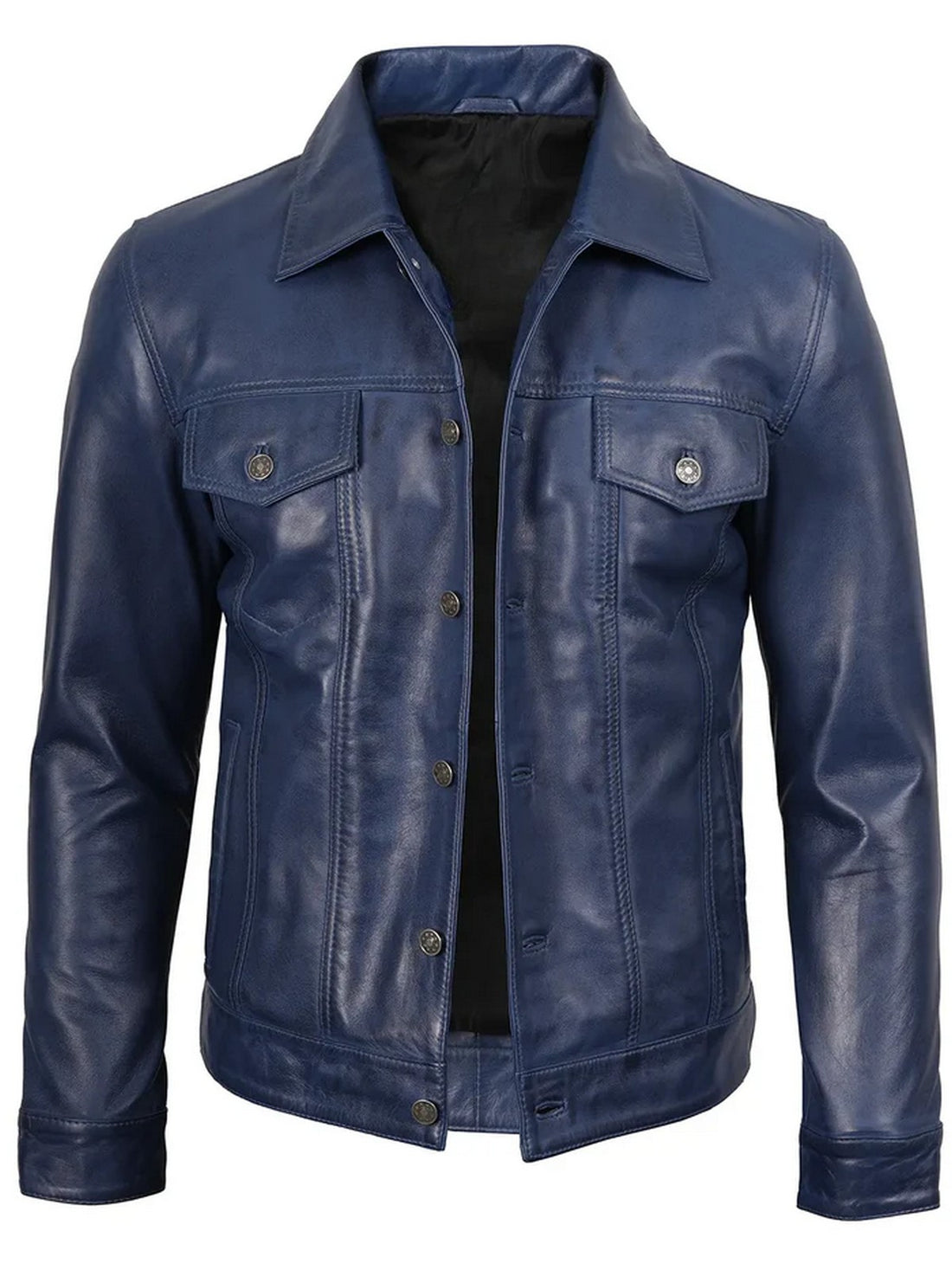 Men’s Blue Trucker Leather Jacket Front View